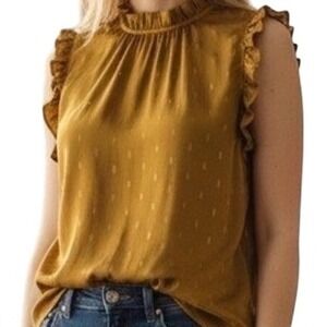 Luna Rae Blouse Women L Mustard Gold Metallic Leaf Ruffle Mock Neck Sleeveless